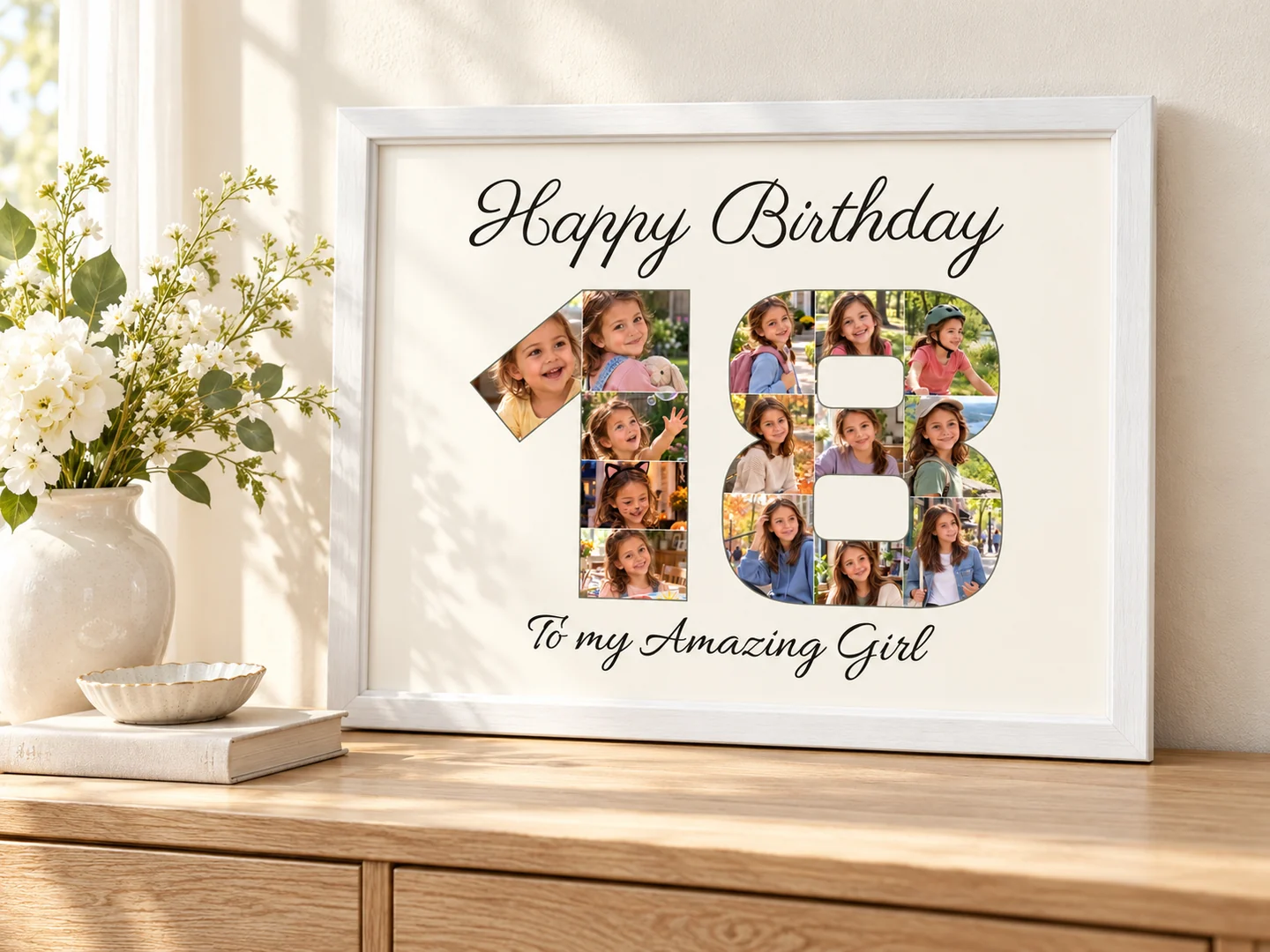 White-framed birthday 18 photo collage on an oak console beside flowers in natural daylight