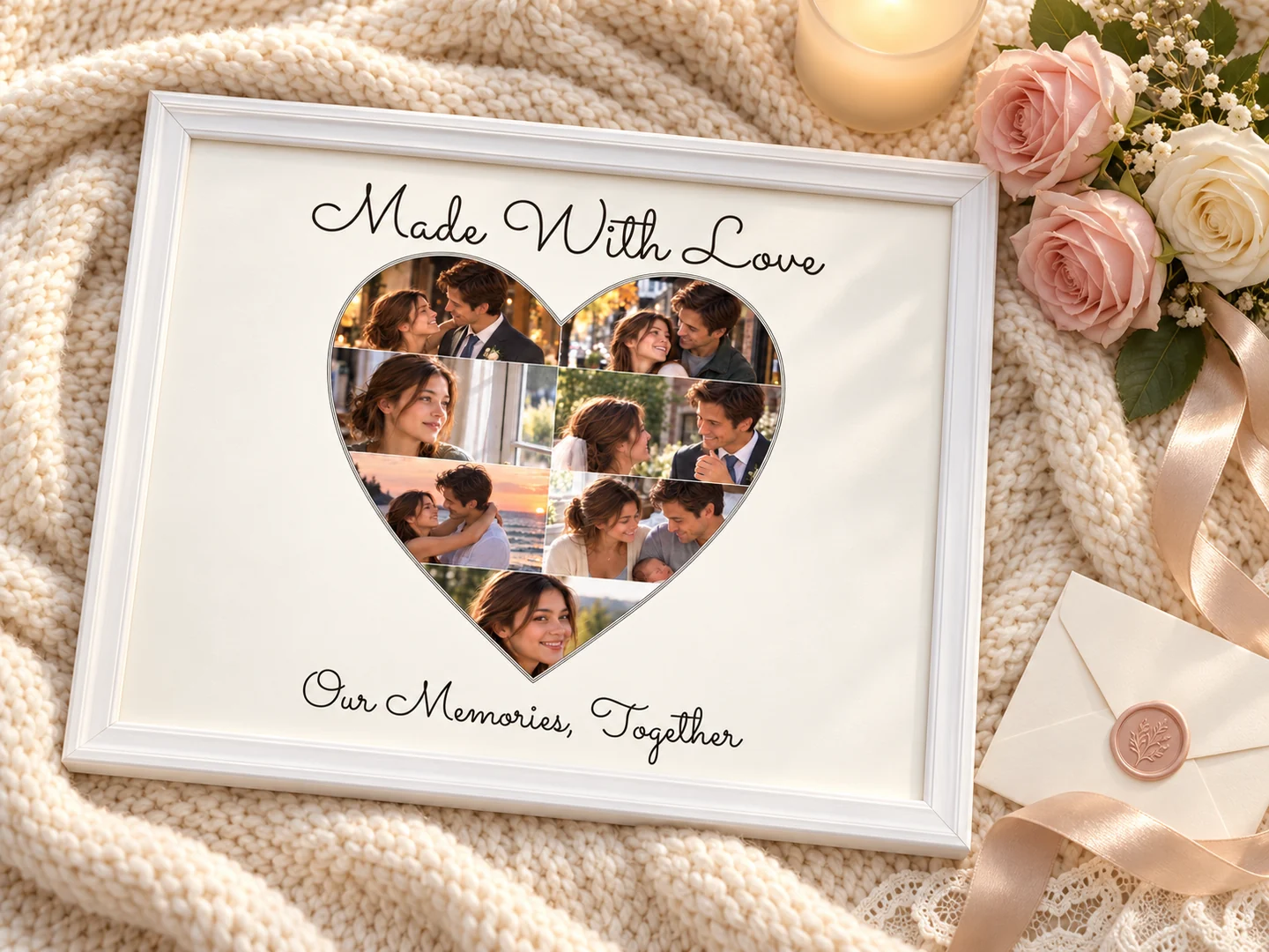 White-framed heart photo collage on an ivory knitted blanket beside blush roses, champagne ribbon and a wax-sealed envelope