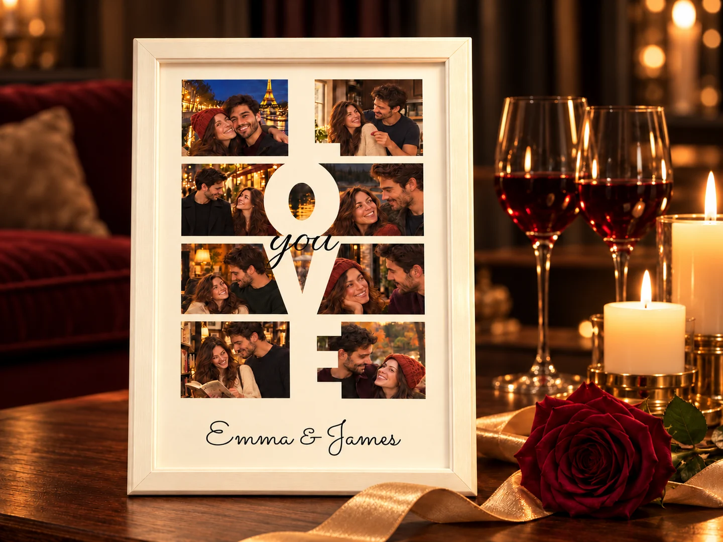 Warmly lit white-framed Emma and James LOVE photo collage beside red wine, candles and a burgundy rose in an intimate home at night