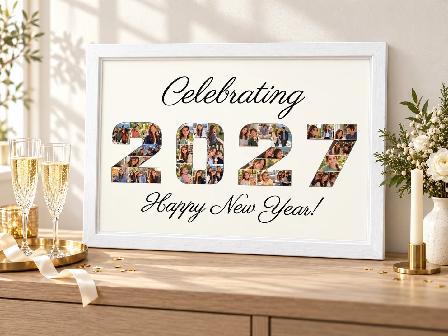 White-framed 2027 photo collage with champagne glasses, gold stars and white flowers in daylight